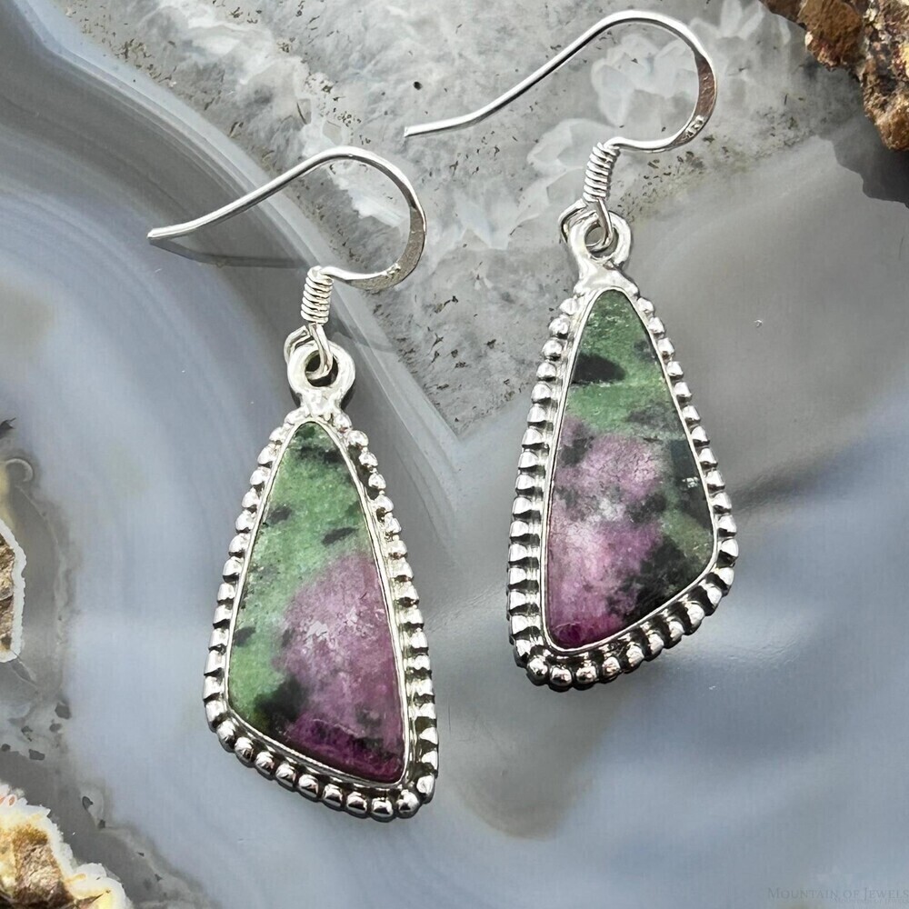 Sterling Southwestern Style Triangular Ruby Zoisite Dangle Earrings For Women